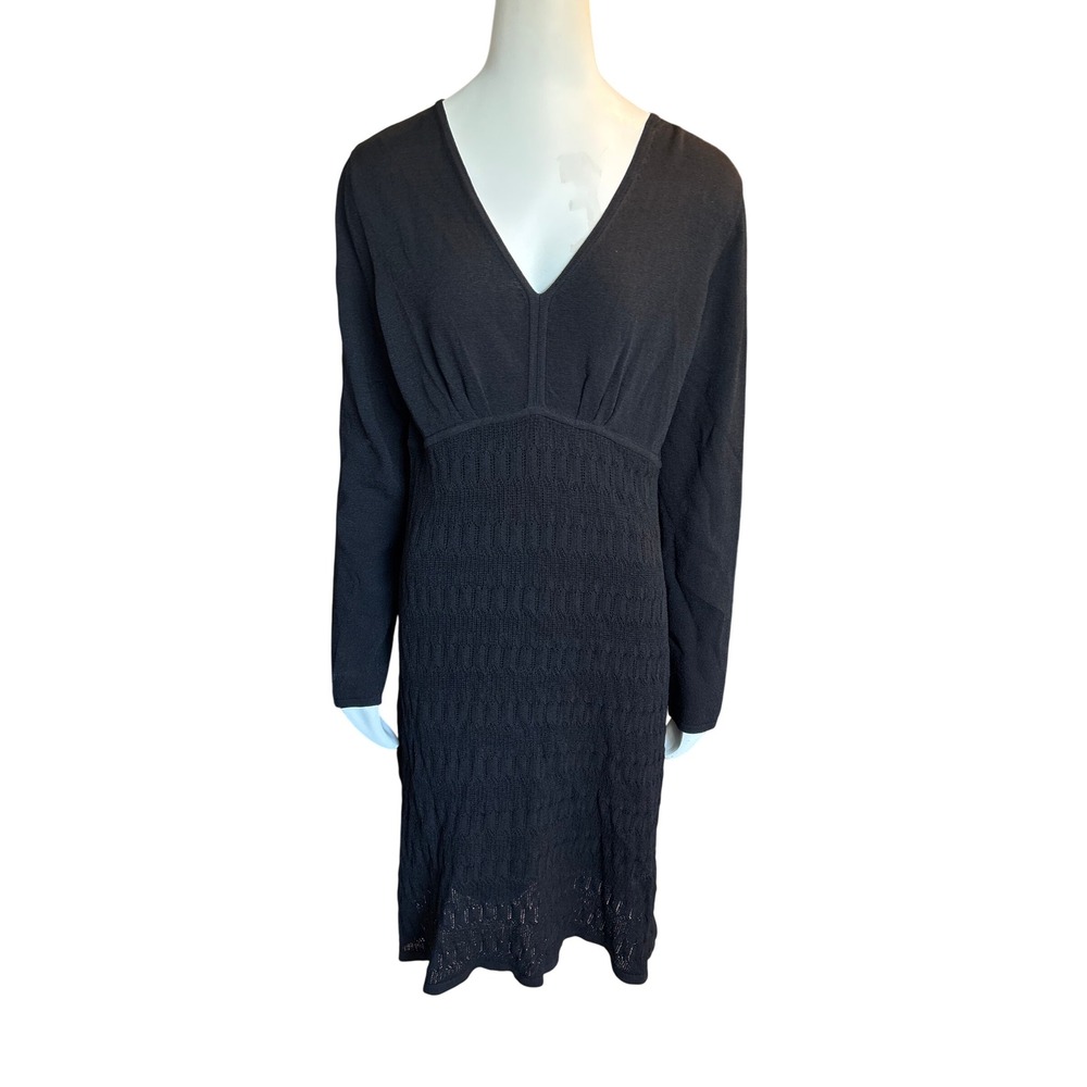 Nine West Dress Womens Large Black Knit V-Neck Long Sleeve Empire Waist Midi Lg